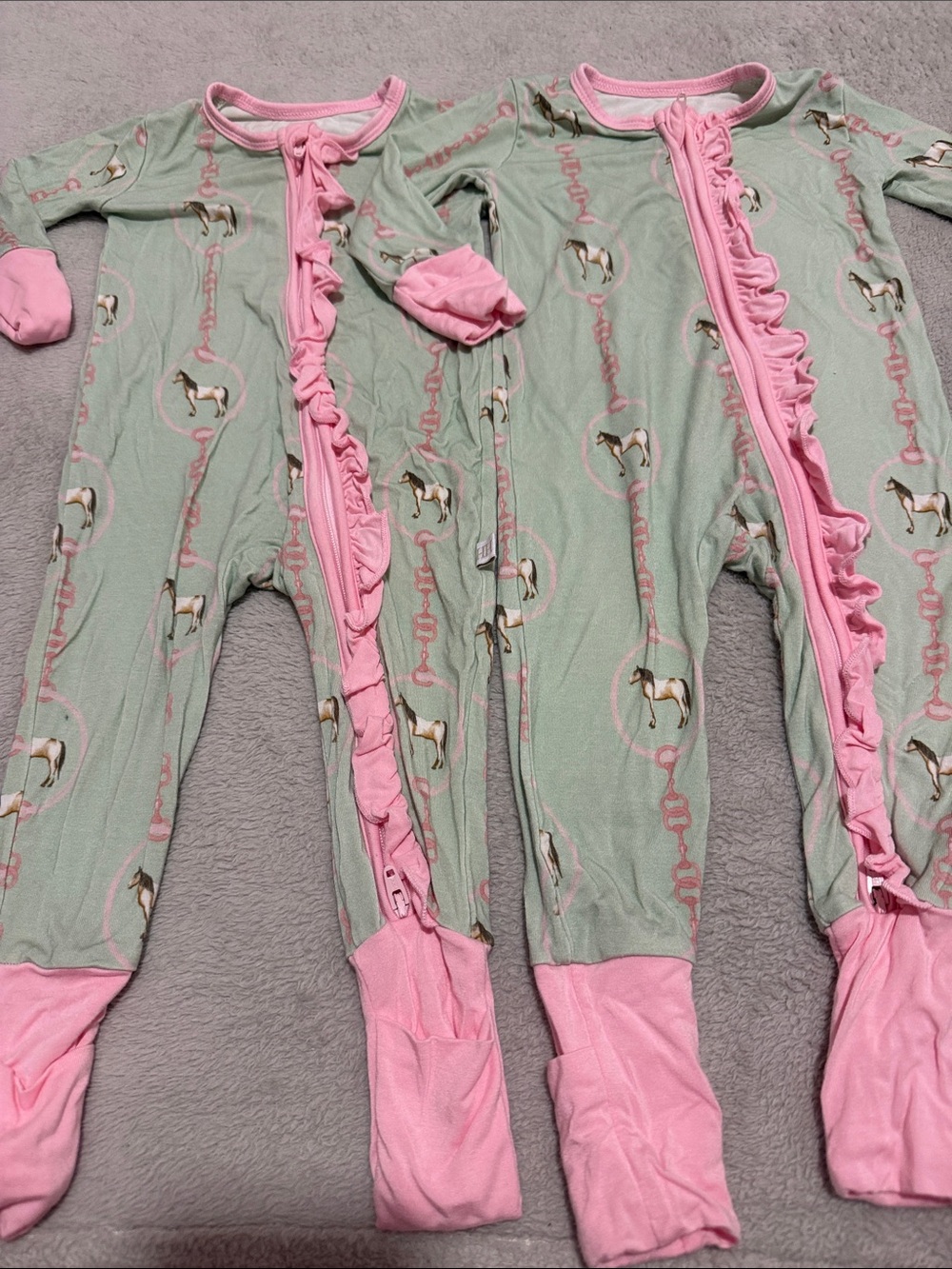Mint & Pink Horse-Print Footed One-Piece Pajamas for Kids for twins